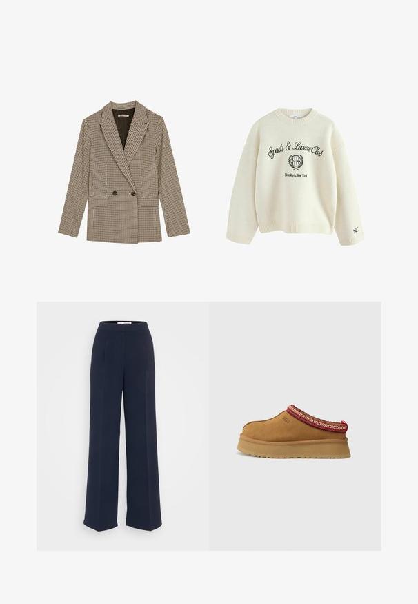 Prindi kahe nööbiga bleiser pruunide ja mustade ruuduline mustriga, millel on lõigatud krae, küljetaskud ja veidi tekstuuriga riie.; Kreemikaalune särk pehmes kangas, ümmarguse kaelusega. Musta värviga tikandiga tekst: "Sport ja Vabaaja Klubi" ning logo. Ribitud varrukad.; Tumed kõrge vöökohaga laiad püksid, mis on valmistatud siledast kangast, omad pleate, lamedat eest ja puhta disaini ilma nähtava riistvarata.; Pruunist seemisest nahast libisemiseks mõeldud kingad, millel on punane ja kreemikas muster äärel, tekstuuriga tallad ja UGG logo külgedel. Omab kerget platvormi kõrgust.