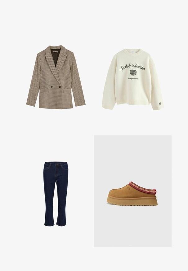 Dvoredni sako u smešano-crnoj kockastoj šari, s reverima, bočnim džepovima i blago teksturiranim materijalom.; Svijetložuti pulover od mekog materijala s okruglim izrezom. Sadrži crni vezeni natpis: "Sports & Leisure Club" i logo. Ribani manžeti.; Tamno plavi traperice s srednjim strukom, zatvaranjem na gumb, prednjim džepovima i laganim proširenjem na rubu.; Smeđe zamšaste cipele na sklizanje s crveno-cream uzorkom oko ruba, teksturiranim potplatom i UGG logom sa strane. Imaju blagu platformu.