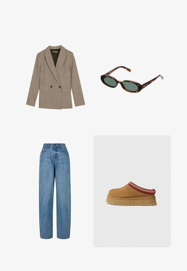 Dwurzędowa marynarka w brązowo-czarną kratę, z klapami, bocznymi kieszeniami i lekko teksturowanym materiałem.; Sweter w kolorze kremowym, wykonany z miękkiego materiału, z okrągłym dekoltem. Zawiera czarny haftowany napis: "Klub Sportowy i Rekreacyjny" oraz logo. Rękawy zakończone ściągaczami.; Jasnoniebieskie dżinsy z prostą nogawką, z zapięciem na guzik, pięcioma kieszeniami i subtelnym wyblaknięciem na całej powierzchni materiału.; Brązowy zamszowy but wsuwany z czerwono-kremowym ozdobnym wykończeniem, teksturowaną podeszwą i logo UGG z boku. Posiada lekko podwyższone podłoże.; Okulary przeciwsłoneczne w kolorze tortoise z owalnymi oprawkami i zielonymi soczewkami. Posiadają cienkie zauszniki z metalowym akcentem przy zawiasach.