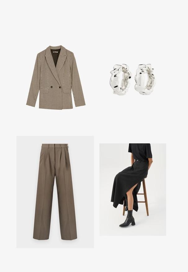 Dubbelzijdig blazer in een bruin en zwart geruit patroon, met gesneden revers, zijzakken en een licht gestructureerde stof.; Lichtroze gebreide trui met een ronde halslijn, raglanmouwen en ribgebreide manchetten. De stof is zacht met een ontspannen pasvorm en minimale details.; Bruine op maat gemaakte broeken met een wijde pasvorm, plooien en een gladde textuur. Voorzien van een aansluitende tailleband en riemlussen.; Zwarte linnen maxi rok met een hoge split, gedragen met een zwart T-shirt en zwarte enkellaarsjes. Minimalistisch ontwerp met een relaxte pasvorm.; Zilveren hoop oorbellen met een gestructureerd, onregelmatig ontwerp. Het oppervlak is reflecterend en toont krommingen en contouren. De binnenruimte is hol.