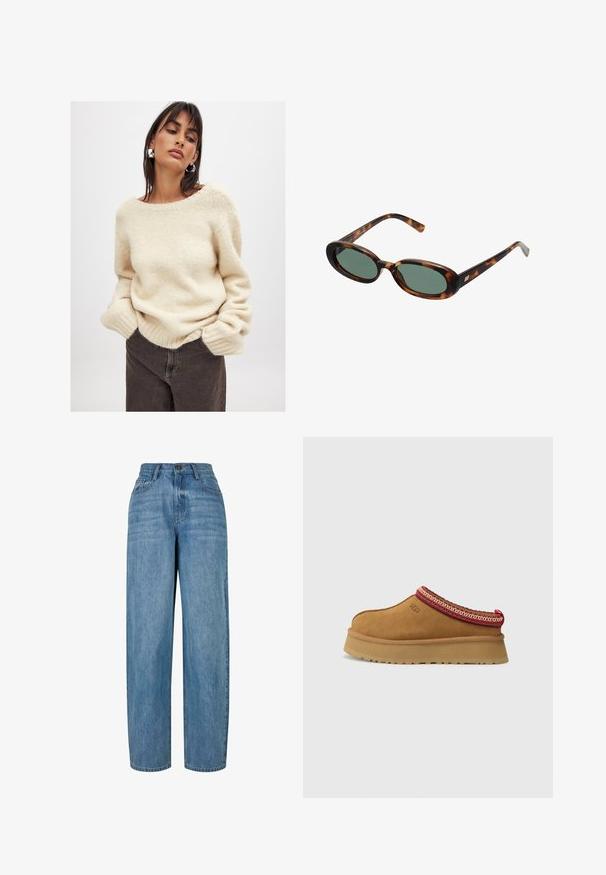 Doppelt komfortabler Blazer im braun-schwarz karierten Muster mit geknöpften Revers, Seitentaschen und einem leicht strukturierten Stoff.; Beiger, gestrickter Pullover mit weitem Ausschnitt und gerippten Bündchen, kombiniert mit dunkelbraunen Hosen. Weich und mit sichtbarem Texturstoff.; Hellblaue Jeans aus Denim mit geradem Schnitt, ausgestattet mit einem Knopfverschluss, fünf Taschen und subtilen Ausbleichungen im gesamten Stoff.; Braune Wildleder-Slipper mit rot-creamfarbenem gemusterten Besatz, strukturiertem Absatz und UGG-Logo an der Seite. Verfügt über eine leichte Plattformhöhe.; Schildpatt-Sonnenbrille mit ovalen Rahmen und grünen Gläsern. Verfügt über dünne Bügel mit einem metallischen Akzent in der Nähe der Scharniere.
