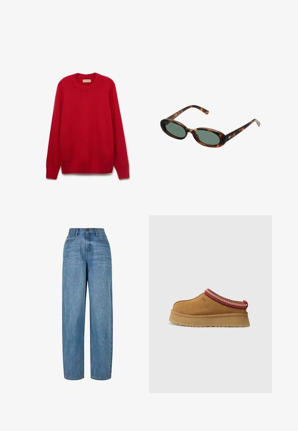 Doppelt komfortabler Blazer im braun-schwarz karierten Muster mit geknöpften Revers, Seitentaschen und einem leicht strukturierten Stoff.; Roter Pullover mit Rundhalsausschnitt, gerippten Bündchen und Saum. Aus weichem Strickmaterial gefertigt, mit gleichmäßiger Textur und einfarbigem Design.; Hellblaue Jeans aus Denim mit geradem Schnitt, ausgestattet mit einem Knopfverschluss, fünf Taschen und subtilen Ausbleichungen im gesamten Stoff.; Braune Wildleder-Slipper mit rot-creamfarbenem gemusterten Besatz, strukturiertem Absatz und UGG-Logo an der Seite. Verfügt über eine leichte Plattformhöhe.; Schildpatt-Sonnenbrille mit ovalen Rahmen und grünen Gläsern. Verfügt über dünne Bügel mit einem metallischen Akzent in der Nähe der Scharniere.