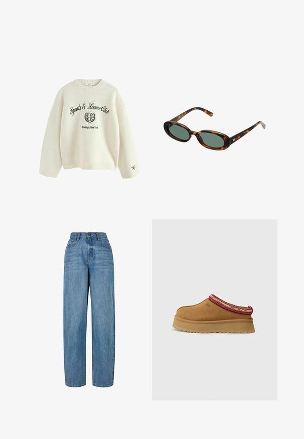 Double-breasted blazer in brown and black checked pattern, featuring notched lapels, side pockets, and a slightly textured fabric.; Cream-colored sweater in soft fabric with a crew neck. Features black embroidered text: "Sports & Leisure Club" and a logo. Ribbed cuffs.; Light blue denim jeans with a straight leg design, featuring a button closure, five pockets, and subtle fading throughout the fabric.; Brown suede slip-on shoe with red and cream patterned trim, textured sole, and UGG logo on side. Features a slight platform height.; Tortoiseshell sunglasses with oval frames and green lenses. Features thin arms with a metallic accent near the hinges.