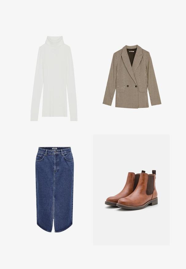 Double-breasted blazer in brown and black checked pattern, featuring notched lapels, side pockets, and a slightly textured fabric.; White ribbed turtleneck sweater with long sleeves, soft texture, and a high roll collar, featuring a fitted design and no visible fastenings.; Black tank top made of ribbed fabric, featuring a scoop neckline and a fitted shape. Flat seams and no embellishments. Simple and sleek design.; Denim skirt with a mid-length cut, dark blue wash, front slit, and classic five-pocket design, featuring a button and zip closure.; Brown leather ankle boots with elastic side panels, rounded toe, and a low wooden heel. Features a loop tab for easy wear.