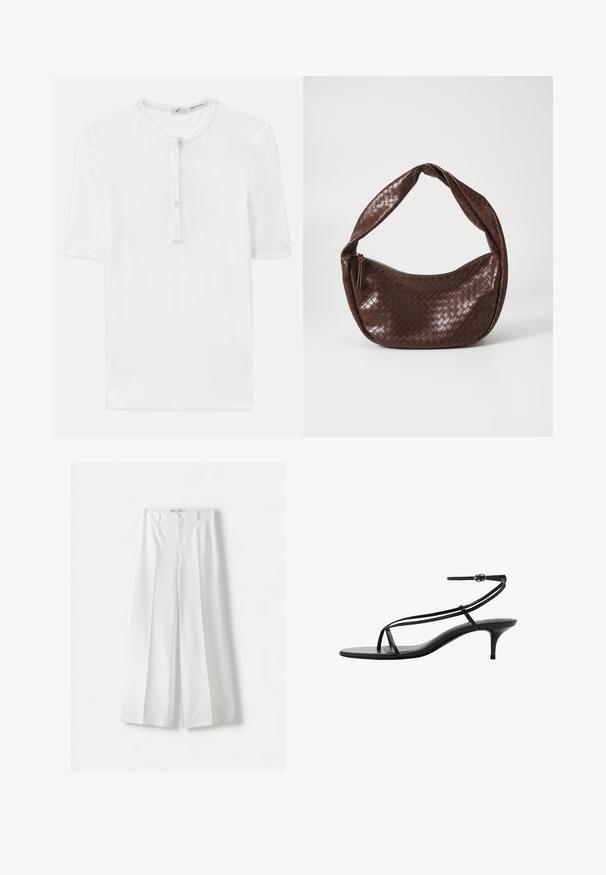 Blazer croisé en motif carreaux marron et noir, avec des revers crantés, des poches latérales et un tissu légèrement texturé.; T-shirt blanc à manches courtes en tissu côtelé avec un col rond et une patte de boutonnage à cinq boutons. Texture douce et coupe décontractée.; Bershka WIDE-LEG TAILORED - Pantalon classique - white; Sandales à talons noires avec des fines lanières, un design minimaliste, un bout pointu et un petit talon aiguille. Texture en cuir lisse.; Sac à main en cuir tressé marron avec une poignée courbée et nouée, et une fermeture zippée. Texture lisse et forme arrondie.