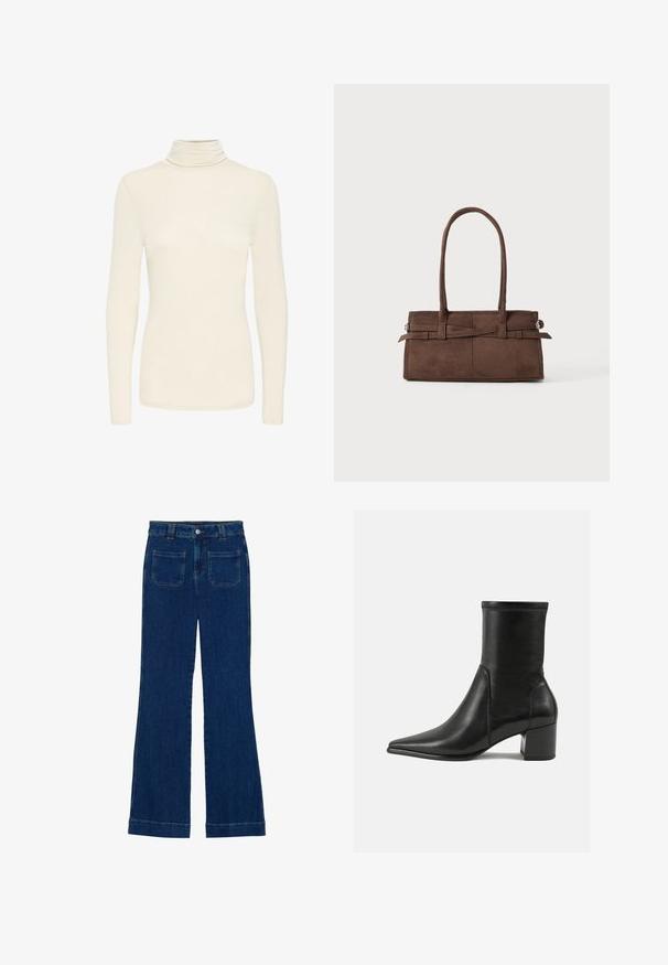 Dubbelzijdig blazer in een bruin en zwart geruit patroon, met gesneden revers, zijzakken en een licht gestructureerde stof.; Crème-kleurige langekleurige turtleneck top met slim fit en een gladde stoffen textuur, weergegeven op een effen witte achtergrond.; Donkerblauwe denim flared jeans met een gladde textuur, vijf zakken en een knoopsluiting aan de taille.; Zwarte enkelboot van soepel leer, met een spitse neus, een blokhak en duidelijke verhoogde stiksels aan de bovenrand.; Bruine suède handtas met twee stevige handvatten, een rechthoekige vorm en een decoratieve band over de voorkant.