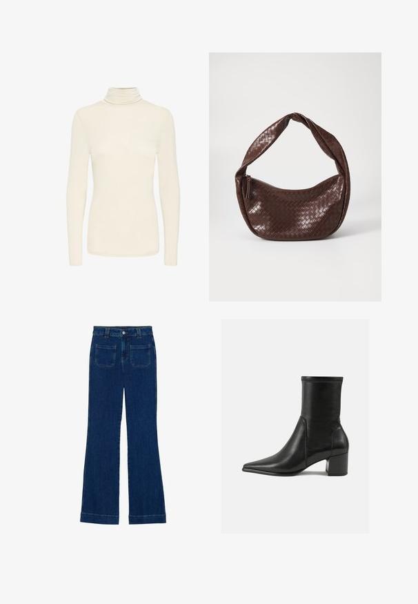 Dubbelknäppt kavaj i brunt och svart rutmönster, med slagkrage, sidofickor och ett lätt strukturerat tyg.; Krämfärgad långärmad polotröja med smal passform och slät tygtextur, visad mot en helt vit bakgrund.; Mörkblå jeans med utsvängd benform och en slät textur, fem fickor och knäppning i midjan.; Svart ankelboot i slät läder, med en spetsig tå, en blockklack och distinkt upphöjd söm längs den övre kanten.; Brun vävd läderhandväska med ett böjt, knutet handtag och en dragkedjestängning. Slät textur och rundad form.