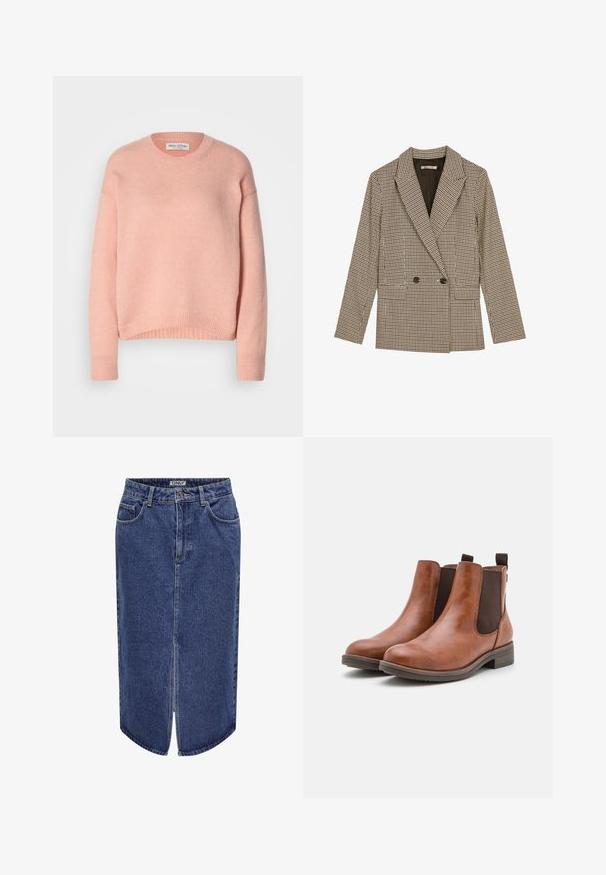 Sacou dublu în stil cu un model în carouri maro și negru, având rever cu tăietură, buzunare laterale și un material ușor texturat.; Pulover tricotat de culoare roz deschis, cu guler rotund, umeri căzuți și manșete și tiv cu dublu tiv. Textură moale, design casual.; Top negru fără mâneci, fabricat dintr-un material ribflat, având un decolteu rotund și o croială ajustată. Cusături plate și fără aplicații. Design simplu și elegant.; Fustă din denim cu lungime medie, spălare albastru închis, cu slit frontal și design clasic cu cinci buzunare, având închidere cu nasture și fermoar.; Botine din piele maro, cu panouri elastice pe laturi, vârf rotund și tocul joasă din lemn. Dispun de o buclă pentru o încălțare ușoară.
