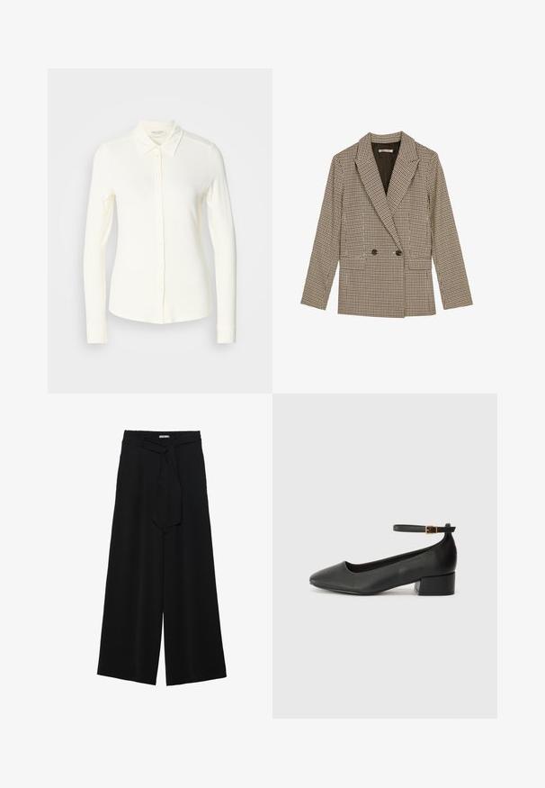 Dvoredni sako u smešano-crnoj kockastoj šari, s reverima, bočnim džepovima i blago teksturiranim materijalom.; Košulja s dugim rukavima u krem boji, izrađena od mekanog materijala. Ima klasičan ovratnik i ravni rub s detaljima od dugmadi.; Crne široke hlače od teksturirane tkanine, s elastičnom pojasom i odvojivim remenom na struku za prilagodivo pristajanje.; Crne kožne pumpe s oštrim vrhom i niskom blok petom. Sadrže remen oko gležnja s zlatnim kopčanjem. Glatka tekstura.