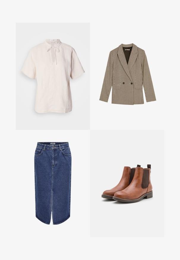 Double-breasted blazer in brown and black checked pattern, featuring notched lapels, side pockets, and a slightly textured fabric.; Linen blouse in light beige, featuring a round collar with a tie closure, short sleeves, and a straight hem with subtle texture.; Black tank top made of ribbed fabric, featuring a scoop neckline and a fitted shape. Flat seams and no embellishments. Simple and sleek design.; Denim skirt with a mid-length cut, dark blue wash, front slit, and classic five-pocket design, featuring a button and zip closure.; Brown leather ankle boots with elastic side panels, rounded toe, and a low wooden heel. Features a loop tab for easy wear.