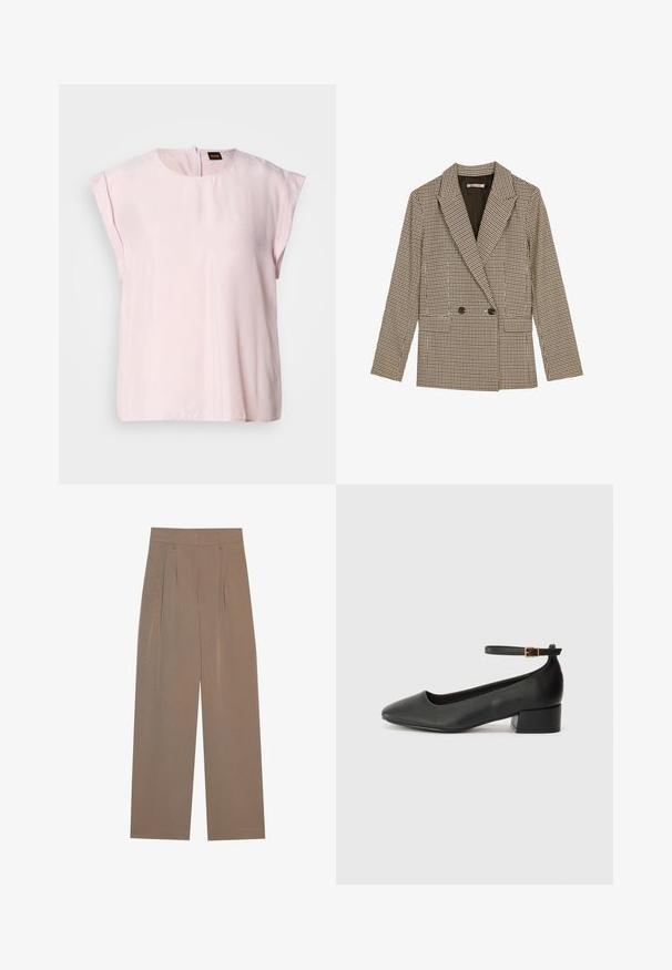 Double-breasted blazer in brown and black checked pattern, featuring notched lapels, side pockets, and a slightly textured fabric.; Pink, short-sleeved top with a round neckline and a subtle sheen. Features a back zipper closure and a relaxed fit. Smooth texture.; Brown pleated trousers with a wide-leg design, featuring a flat waistband and side pockets, made from a lightweight fabric.; Black leather pump with a pointed toe and a low block heel. Features an ankle strap with a gold-tone buckle. Smooth texture.