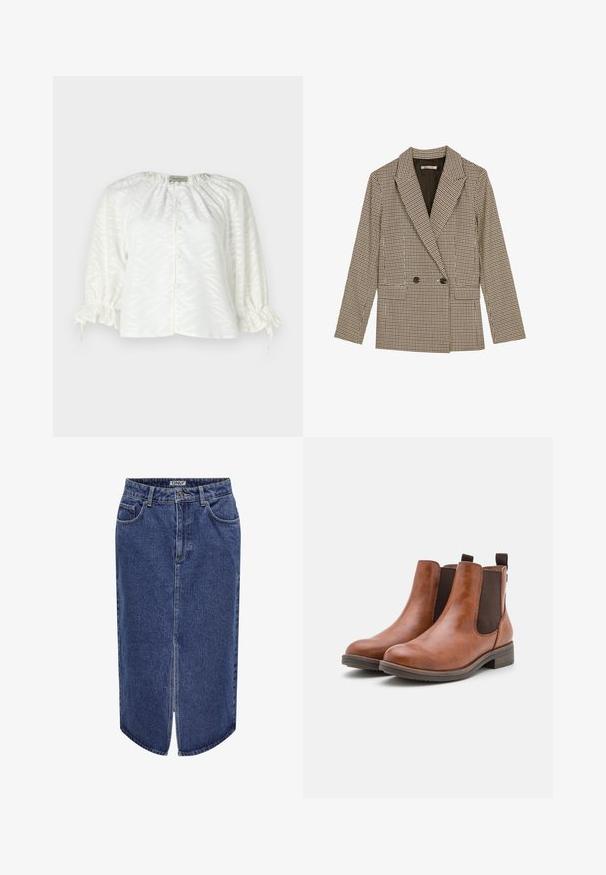 Dubbelzijdig blazer in een bruin en zwart geruit patroon, met gesneden revers, zijzakken en een licht gestructureerde stof.; Witte blouse met een textuur van bladpatroon, ronde halslijn, knoopsluiting aan de voorkant en elastische, geraffineerde mouwen met trekkoord.; Zwarte tanktop van ribstof, met een ronde hals en een aansluitende pasvorm. Platte naden en zonder versieringen. Eenvoudig en strak ontwerp.; Denimrok met een middelange lengte, donkerblauwe wassing, een voorknipsluiting en een klassieke vijf-pocketontwerp, met een knoop- en ritsluiting.; Bruine leren enkellaarzen met elastische zijkanten, ronde neus en een lage houten hak. Voorzien van een lus voor gemakkelijk aan- en uitrekken.