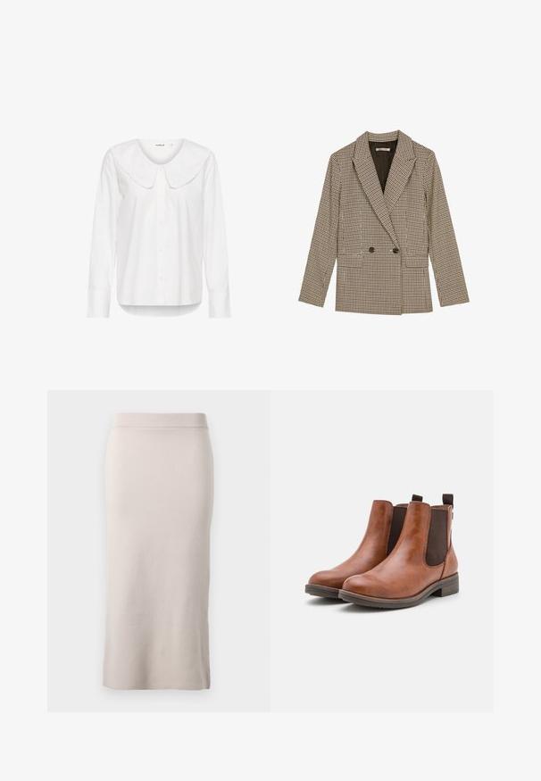 Double-breasted blazer in brown and black checked pattern, featuring notched lapels, side pockets, and a slightly textured fabric.; White button-up shirt with a large, rounded collar and long sleeves. Made of smooth fabric with a slightly relaxed fit and curved hem.; Knit pencil skirt in a light beige color, featuring a ribbed waistband, slim fit, and side slit for ease of movement. Soft texture, minimal design.; Brown leather ankle boots with elastic side panels, rounded toe, and a low wooden heel. Features a loop tab for easy wear.