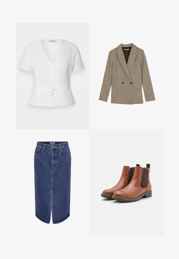 Double-breasted blazer in brown and black checked pattern, featuring notched lapels, side pockets, and a slightly textured fabric.; White, short-sleeve blouse with a V-neck, textured floral pattern, button front, and a tied waistbelt. Features scalloped edges.; Black tank top made of ribbed fabric, featuring a scoop neckline and a fitted shape. Flat seams and no embellishments. Simple and sleek design.; Denim skirt with a mid-length cut, dark blue wash, front slit, and classic five-pocket design, featuring a button and zip closure.; Brown leather ankle boots with elastic side panels, rounded toe, and a low wooden heel. Features a loop tab for easy wear.