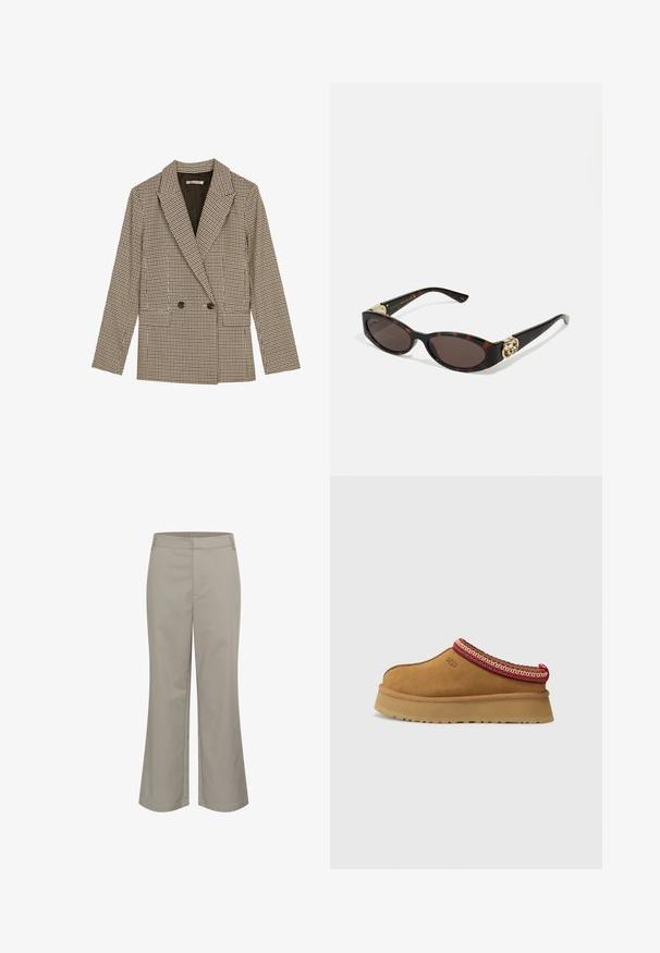 Dubbelzijdig blazer in een bruin en zwart geruit patroon, met gesneden revers, zijzakken en een licht gestructureerde stof.; Langarm turtleneck top in een lichtbeige kleur. Gemaakt van een zachte, rekbare stof met een comfortabele pasvorm en een omgevouwen halslijn.; Beige cropped broeken met een rechte pijpdesign, gemaakt van een gladde stof. Beschikt over een voorzak en een nette taillebandafwerking.; Bruine suède instapschoen met een rood en crèmekleurig patroon aan de rand, een gestructureerde zool en het UGG-logo aan de zijkant. Heeft een lichte platformhoogte.; Schildpadbril met langwerpige ovale lenzen, bruine tint, gouden logo-accenten op de pootjes en slanke zwarte armen.