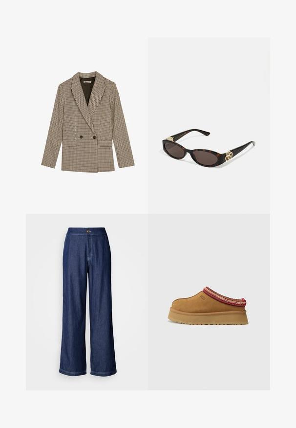 Double-breasted blazer in brown and black checked pattern, featuring notched lapels, side pockets, and a slightly textured fabric.; Long-sleeve turtleneck top in a light beige color. Made of soft, stretchy fabric with a relaxed fit and a fold-over neckline.; Wide-leg denim pants in dark blue with a button waist closure, contrasting stitching, and a smooth texture. Tailored for a relaxed fit.; Brown suede slip-on shoe with red and cream patterned trim, textured sole, and UGG logo on side. Features a slight platform height.; Tortoiseshell sunglasses with elongated oval lenses, brown tint, gold logo accents on temples, and sleek black arms.