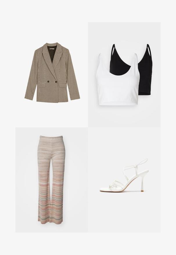 Double-breasted blazer in brown and black checked pattern, featuring notched lapels, side pockets, and a slightly textured fabric.; Two cotton crop tops in white and black. Each has a deep neckline and thin shoulder straps, featuring a smooth, soft texture.; Multi-colored knit pants with zigzag pattern, featuring a wide leg and elastic waistband. Material appears soft with a textured finish.; White strappy high-heeled sandal with a flat toe base, textured front with gathered accents, and a slim ankle strap.