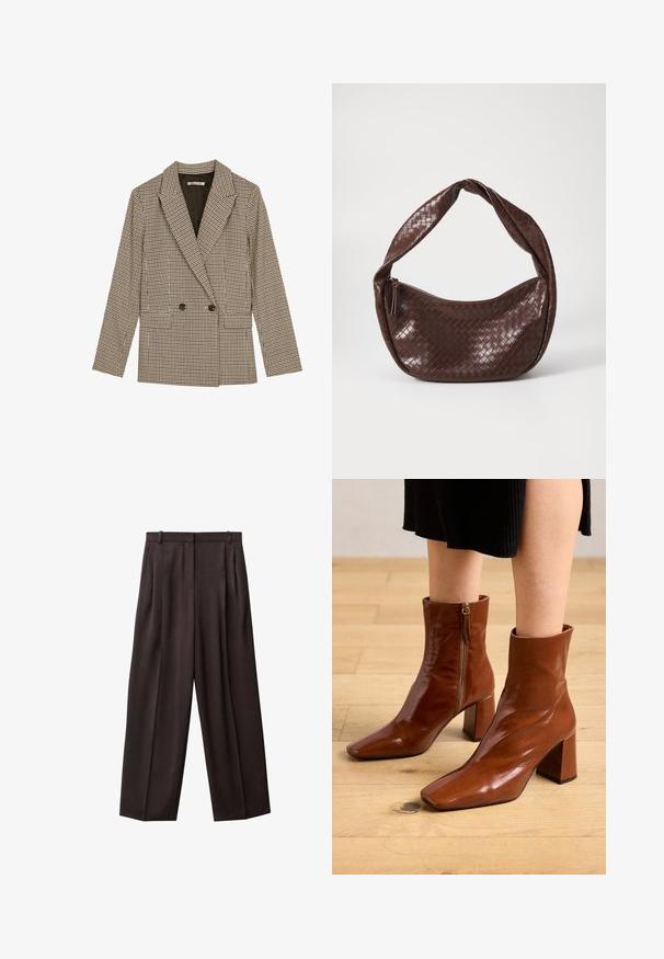 Kaksirivinen jakku ruskeassa ja mustassa ruudullisessa kuosissa, jossa on viistetyt läpät, sivutaskut ja hieman teksturoitu kangas.; Valkoinen hihaton toppi, jossa on neliskanttinen pääntie, sileä rakenne ja vartalonmyötäinen muoto. Valmistettu kevyestä kankaasta.; Lepotwilini lahkotni hlače iz temno rjave tkanine. Značilnosti vključujejo nabore na sprednji strani, pas z zankami za pas in stranske žepe. Gladka tekstura.; Ruske nahkasaappaat nilkkojen ylle, joissa on kiiltävä pinta, neliömäinen kärki, paksu korko ja sivuvetoketjuyksityiskohta, asetettuna vaalealle puulattialle.; Ruskea kudottu nahkalaukku, jossa on kaareva, solmittu kahva ja vetoketjukiinnitys. Sujuva pinta ja pyöreä muoto.