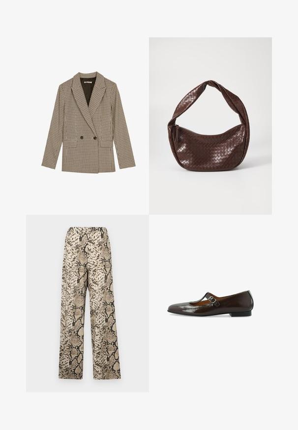 Dobbeltknappet blazer i brun og sort ternet mønster, med klapkrave, sidelommer og et let struktureret stof.; Hvid ærmeløs tanktop med firkantet udskæring, glat tekstur og tætsiddende design. Fremstillet af letvægtsmateriale.; Bredde bukser med et beige og sort slangeskinds mønster. Materialet er glat med en let tekstur. Elastisk talje.; Brun lakeret Mary Jane flad sko med rund tå, spændebånd og lav hæl, der har en glat, blank overflade.; Brun vævet lædertaske med et buet, knyttet håndtag og en lynlås lukning. Glat tekstur og rund form.
