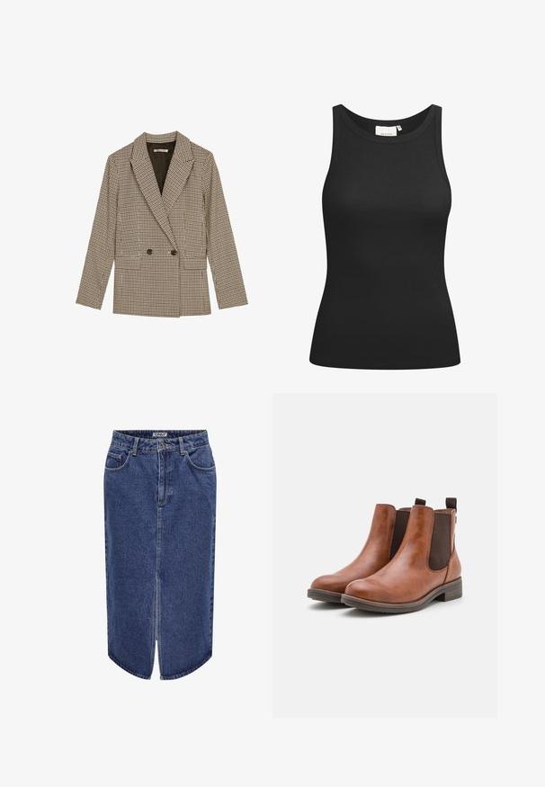 Dubbelknäppt kavaj i brunt och svart rutmönster, med slagkrage, sidofickor och ett lätt strukturerat tyg.; Svart linne i ribbad tyg, med rundad halsringning och figurnära passform. Platta sömmar och inga utsmyckningar. Enkelt och stilrent design.; Denimkjol i medellängd, mörkblå tvätt, med slits fram och klassisk fem-fickorsdesign, med knapp- och dragkedjestängning.; Bruna läderankelstövlar med elastiska sidopaneler, rundad tå och en låg träklack. Har en ögla för enkel påtagning.