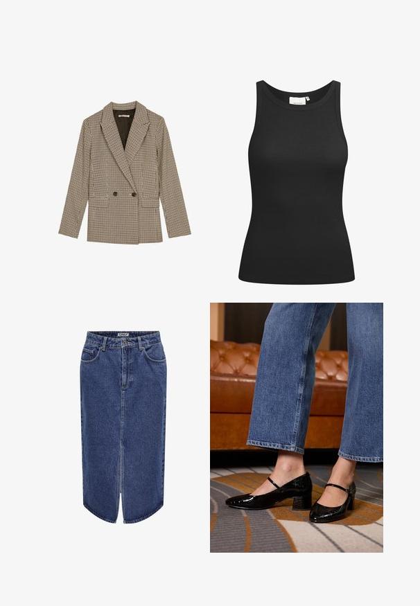 Blazer de dupla face em padrão quadriculado castanho e preto, apresentando lapelas com recortes, bolsos laterais e um tecido ligeiramente texturizado.; Top preto sem mangas feito de tecido canelado, apresentando um decote redondo e uma forma ajustada. Costuras planas e sem adornos. Design simples e elegante.; Saias de ganga com um corte médio, lavagem azul-escura, fenda frontal e design clássico de cinco bolsos, apresentando um fecho de botão e zíper.; Sapatos de salto alto em verniz preto com bico fino, salto bloco e tira no tornozelo, usados com jeans de corte largo, em um tapete estampado.