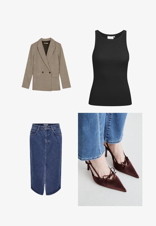 Double-breasted blazer in brown and black checked pattern, featuring notched lapels, side pockets, and a slightly textured fabric.; Black tank top made of ribbed fabric, featuring a scoop neckline and a fitted shape. Flat seams and no embellishments. Simple and sleek design.; Denim skirt with a mid-length cut, dark blue wash, front slit, and classic five-pocket design, featuring a button and zip closure.; Simmi London KLARA - High heels - chocolate