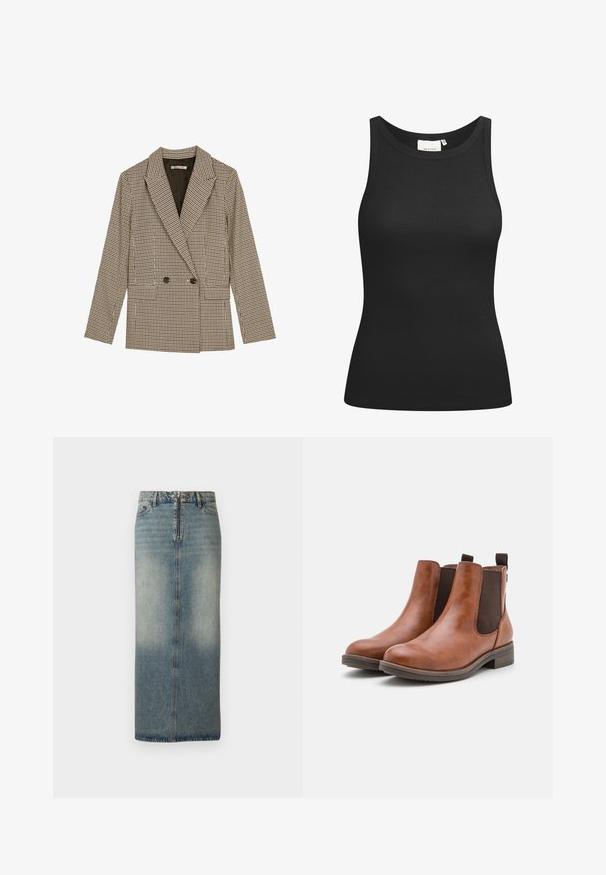 Kettős gombolású blazer barna és fekete kockás mintával, melynek a nyaka jellegzetes, oldalsó zsebei vannak, és enyhén textúrált anyagból készült.; Fekete trikó bordázott anyagból, kerek nyakkivágással és testhezálló fazonnal. Lapos varrások és díszítés nélküli. Egyszerű és letisztult dizájn.; Világoskék farmer midi szoknya, elhasználtságot idéző felülettel. Elöl cipzáras és gombos záródással, egyenes vonalú szabással, minimális varrási részletekkel.; Barna bőr bokacsizma rugalmas oldalpanellel, kerek orral és alacsony fából készült sarokkal. Egy hurokfül segíti a könnyű felhúzást.