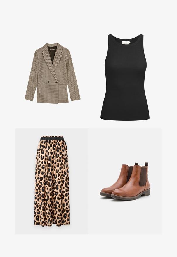 Divpusējais uzvalks brūnā un melnā rūtainā rakstā, ar izteiktām apmalēm, sānu kabatām un viegli teksturētu audumu.; Melnas bezšuvju topiņš, izgatavots no ribota auduma, ar izgriezumu un pieguļošu formu. Gludas šuves un bez rotājumiem. Vienkāršs un elegants dizains.; Leoparda raksta maksi svārki ar melnu elastīgu jostu, kas izceļas ar gludu, plūstošu audumu un izplestu siluetu.; Brūni ādas potītes zābaki ar elastīgām sānu daļām, noapaļotu purngalu un zemu koka papēdi. Iespējota cilpas cilpa ērtai uzvilkšanai.