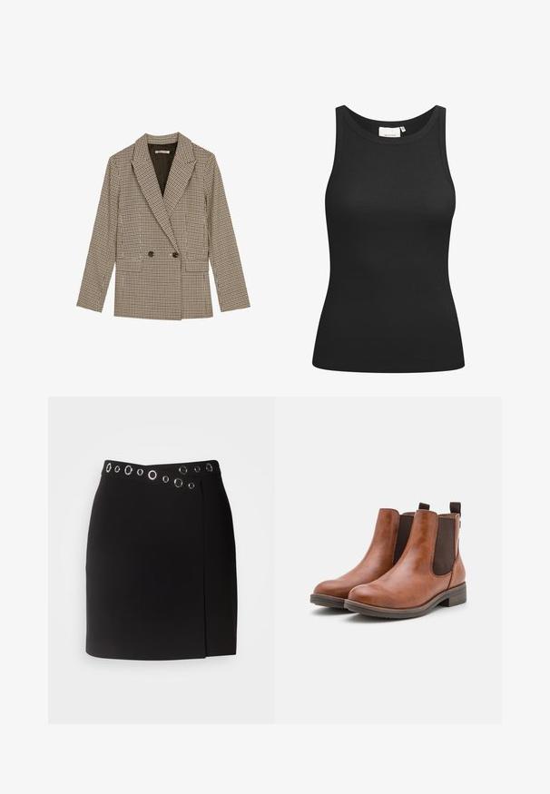 Dobbeltkneppet blazer i brun og svart rutete mønster, med spiss revers, sidelommer og et lett strukturert stoff.; Svarte toppen laget av ribbestrikket stoff, med en scoop-hals og figurnær passform. Flate sømmer og ingen utsmykninger. Enkel og stilren design.; Morgan JILLY - Omslagsskjørt - noir; Brune lær ankle boots med elastiske sidepaneler, rund tå og lav træhæl. Har en løkke til nem påtagning.