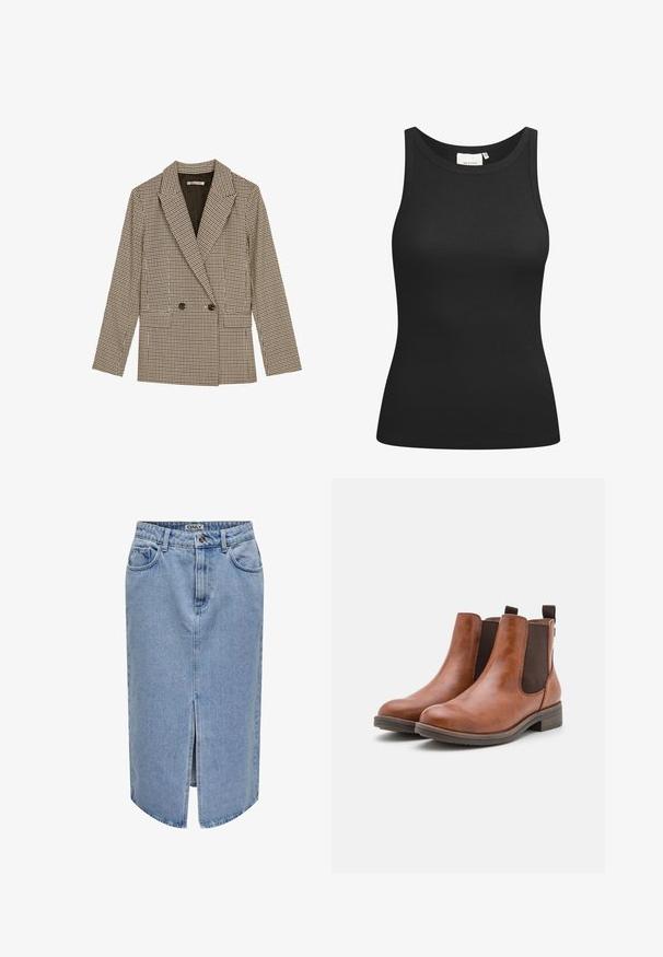 Dvoredni blejzer v rjavi in črni karirani vzorec, z oživljenimi reverji, stranskimi žepi in rahlo teksturirano tkanino.; Črn top brez rokavov, izdelan iz rebraste tkanine, z ovalnim izrezom in pristnim krojem. Ima ravne šive in brez okrasnih elementov. Preprost in eleganten dizajn.; Svetlo modra denim krila z ravnim krojem, sprednjim razporkom, zasnovo s petimi žepi ter zadrgo in gumbom za zapiranje.; Rjave usnjene gležnarske čevlje z elastičnimi stranskimi paneli, zaobljenim nosom in nizkim lesenim peto. Imajo zanko za enostavno obuvanje.