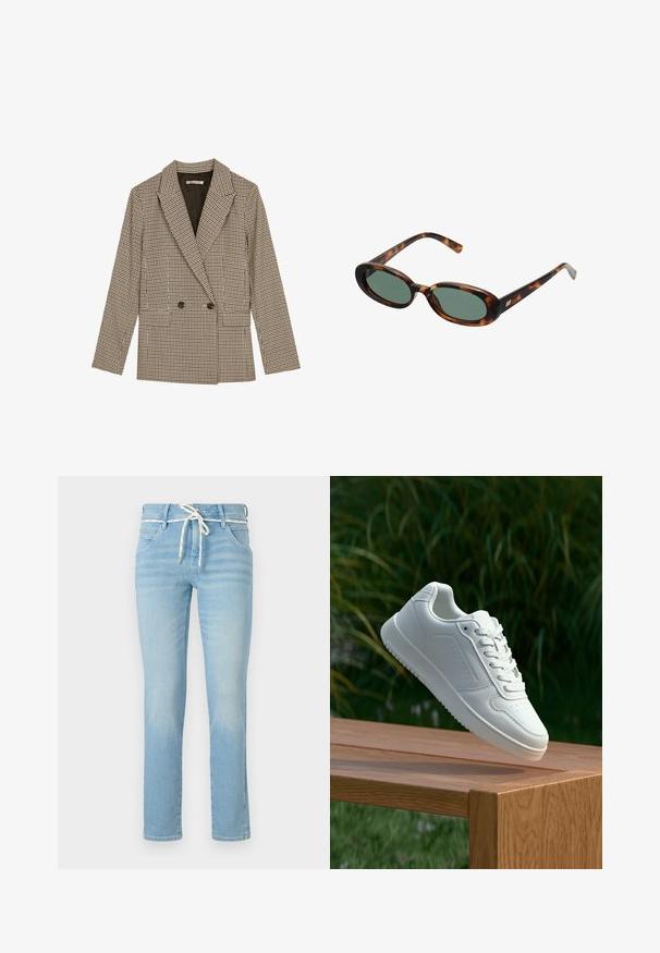 Divpusējais uzvalks brūnā un melnā rūtainā rakstā, ar izteiktām apmalēm, sānu kabatām un viegli teksturētu audumu.; Melnas bezšuvju topiņš, izgatavots no ribota auduma, ar izgriezumu un pieguļošu formu. Gludas šuves un bez rotājumiem. Vienkāršs un elegants dizains.; Gai zila denim bikses ar taisnām kājām, aprīkotas ar baltu aukliņu jostasvietā un ar smalku izbalēšanu visā virsmā.; Baltie sporta apavi ar gludu sintētisku augšpusi, perforētu pirkstu daļu, plakani šņorēm un rakstainu zoli, novietoti uz koka virsmas.; Bruņurupuča apvalka saulesbrilles ar ovālām rāmēm un zaļiem stikliem. Rāmjiem ir plānas kājas ar metāla akcentu tuvu eņģēm.; Brūns ādas somas ar divām rokturām, iekļauj kontrastējošas šuves un plašu dizainu, piemērota ikdienas lietošanai.