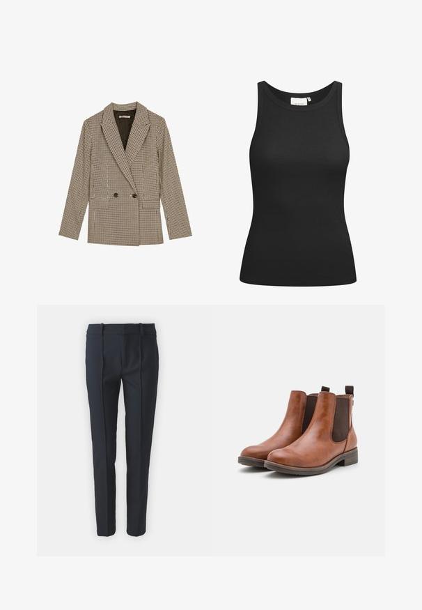 Dobbeltknappet blazer i brun og sort ternet mønster, med klapkrave, sidelommer og et let struktureret stof.; Sort tanktop lavet af ribbet materiale, med en scooped halsudskæring og en tætsiddende form. Flade sømme og ingen udsmykninger. Enkel og strømlinet design.; Marineblå skræddersyede bukser med en glat tekstur, der har frontfold, bæltestropper og lige ben-design, fremstillet af et let materiale.; Brune læder ankelstøvler med elastiske sidepaneler, rund tå og en lav træhæl. Har en løkke til nem påtagning.