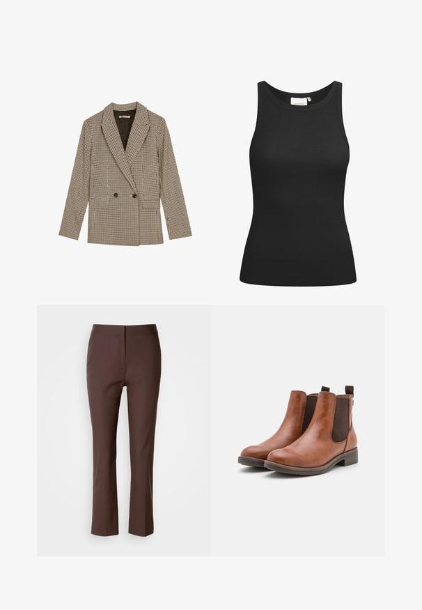 Prindi kahe nööbiga bleiser pruunide ja mustade ruuduline mustriga, millel on lõigatud krae, küljetaskud ja veidi tekstuuriga riie.; Must must have a ribatekstidist valmistatud must t-särk, millel on ümar kaelus ja sobiv kuju. Lamedad õmblused ja ilma kaunistusteta. Lihtne ja elegantne disain.; Pruunid kohandatud püksid kitsas lõikes, tasase esiosaga, peente küljetaskutega ja siledast, veidi venivast kangast.; Pruunid nahast pahkluksaapad elastsete külgpanelidega, ümarate varvastega ja madala puidust kontsaga. Omavad silmusdetaili, mis teeb jalga panemise lihtsaks.