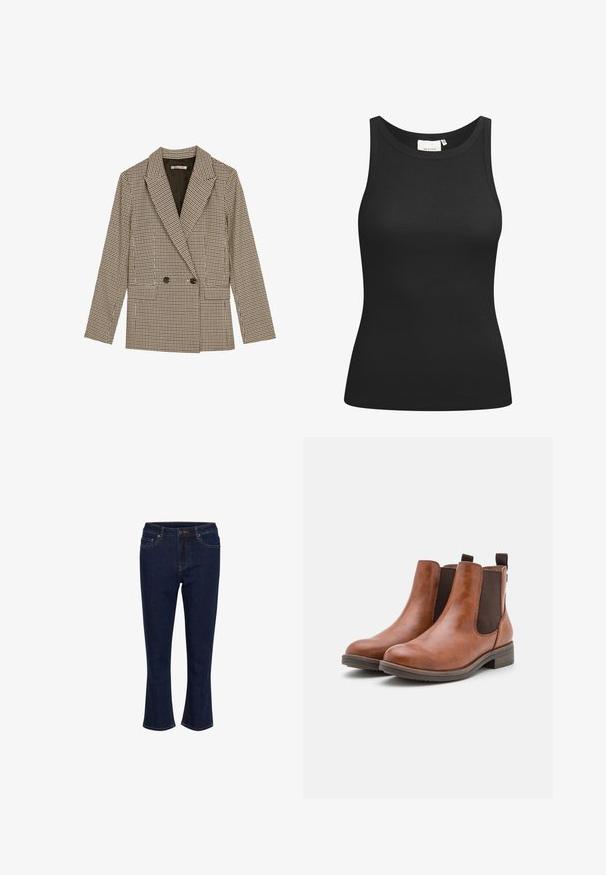 Prindi kahe nööbiga bleiser pruunide ja mustade ruuduline mustriga, millel on lõigatud krae, küljetaskud ja veidi tekstuuriga riie.; Must must have a ribatekstidist valmistatud must t-särk, millel on ümar kaelus ja sobiv kuju. Lamedad õmblused ja ilma kaunistusteta. Lihtne ja elegantne disain.; Tumed sinise denimist teksad keskmise kõrge vöökoht, nööbikinnis, esipockets ja kerge laienemine allääres.; Pruunid nahast pahkluksaapad elastsete külgpanelidega, ümarate varvastega ja madala puidust kontsaga. Omavad silmusdetaili, mis teeb jalga panemise lihtsaks.