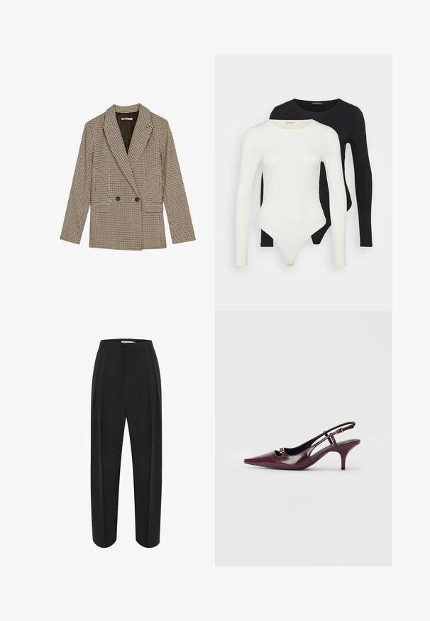 Blazer croisé en motif carreaux marron et noir, avec des revers crantés, des poches latérales et un tissu légèrement texturé.; Deux bodys en manches longues, en blanc et en noir. Fabriqués en tissu lisse, avec des encolures rondes et un fond en tanga pour un port ajusté.; Pantalons larges noirs à taille haute, avec une texture lisse et deux plis à l'avant. Conçus avec une silhouette épurée et ajustée.; Talons aiguilles bordeaux à bride arrière avec un bout pointu, finition en cuir brillant, petite découpe à l'avant et un talon stiletto fin avec des accents dorés.