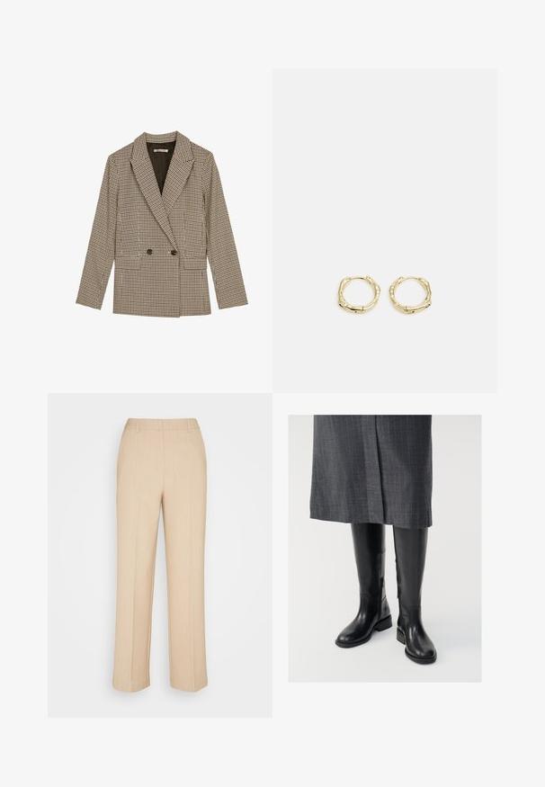 Dvoredni blejzer v rjavi in črni karirani vzorec, z oživljenimi reverji, stranskimi žepi in rahlo teksturirano tkanino.; Črna brezrokavna turtleneck majica, izdelana iz gladkega materiala. Prilagojen dizajn z visokim ovratnikom in ravnim robom, minimalistična in enobarvna.; Beige široke hlače iz teksturirane tkanine. Imajo gladek pas in omiljeno pregibanje spredaj.; Črne usnjene škornje do kolen z gladko teksturo, stranskimi zadrgami in ravnim podplatom. Škornji imajo strukturirano gred in minimalno kovinsko opremo.; Zlate obročaste uhane z teksturirano, nepravilno obliko. Imajo brezšivno zapiranje in poliširano površinsko obdelavo, kar poudarja sodoben dizajn.