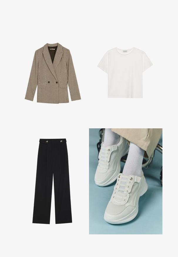 Dubbelzijdig blazer in een bruin en zwart geruit patroon, met gesneden revers, zijzakken en een licht gestructureerde stof.; Witte T-shirt met korte mouwen, gemaakt van zachte katoen. Heeft een ronde halslijn en een relaxte pasvorm. Schoon ontwerp zonder zichtbare patronen of accenten.; Zwarte wijde broek met hoge taille, knoopdetails op de tailleband en plooien aan de voorkant.; Witte sneakers met een mesh materiaal, rubberen zool, vetersloze uitvoering met elastische banden en gouden accenten.
