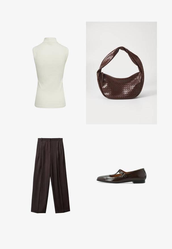 Dobbeltknappet blazer i brun og sort ternet mønster, med klapkrave, sidelommer og et let struktureret stof.; Ribbede, ærmeløse turtleneck-top i lys cremefarve. Glat tekstur med en tætsiddende form og rene kanter, der har en høj halsudskæring.; Bredde benbukser i mørkebrun stof. Funktioner inkluderer plisseringer foran, en talje med bæltesløjfer og sidelommer. Glat tekstur.; Brun lakeret Mary Jane flad sko med rund tå, spændebånd og lav hæl, der har en glat, blank overflade.; Brun vævet lædertaske med et buet, knyttet håndtag og en lynlås lukning. Glat tekstur og rund form.