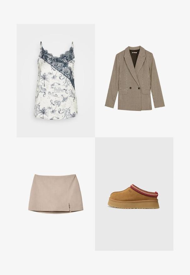 Blazer doppiopetto in tessuto a scacchi marrone e nero, con rever a punta, tasche laterali e un tessuto leggermente texturizzato.; Camisole in raso con bordi in pizzo blu navy, caratterizzato da una base bianca decorata con intricate fantasie tropicali blu, comprese palme ed elementi da spiaggia.; Gonna beige aderente in tessuto testurizzato, con una leggera apertura laterale. Design semplice privo di accessori o motivi aggiuntivi.; Scarpa slip-on in suede marrone con bordi a motivo rosso e crema, suola testurizzata e logo UGG di lato. Presenta un leggero rialzo della suola.