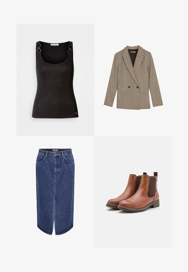 Dobbeltknappet blazer i brun og sort ternet mønster, med klapkrave, sidelommer og et let struktureret stof.; Sort ærmeløs top med en rund udskæring, der har metalliske glimmer, dekorativ skulderhardware og en tætsiddende silhuet.; Denimnederdel med mid-length snit, mørkeblå vask, forkantsslids og klassisk fem-lomme design, med knap- og lynlås lukning.; Brune læder ankelstøvler med elastiske sidepaneler, rund tå og en lav træhæl. Har en løkke til nem påtagning.