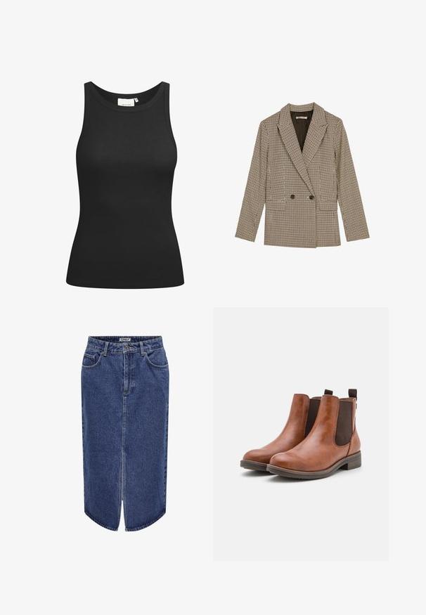 Dobbeltknappet blazer i brun og sort ternet mønster, med klapkrave, sidelommer og et let struktureret stof.; Sort tanktop lavet af ribbet materiale, med en scooped halsudskæring og en tætsiddende form. Flade sømme og ingen udsmykninger. Enkel og strømlinet design.; Denimnederdel med mid-length snit, mørkeblå vask, forkantsslids og klassisk fem-lomme design, med knap- og lynlås lukning.; Brune læder ankelstøvler med elastiske sidepaneler, rund tå og en lav træhæl. Har en løkke til nem påtagning.