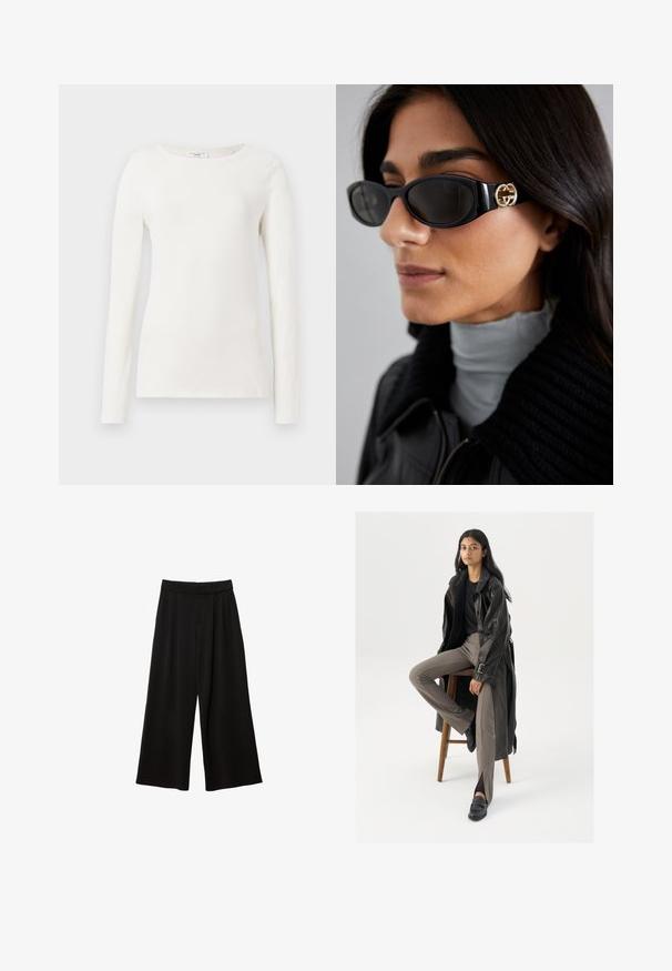 Double-breasted blejzer v hnedo-čiernom kockovanom vzore, s klopovým golierom, bočnými vreckami a mierne textúrovanou látkou.; Dlhý rukáv bielej bavlnenej košele s okrúhlym výstrihom, hladkou textúrou a priliehavým strihom. Žiadne viditeľné vzory ani akcenty.; Čierne nohavice s širokými nohavicami a vysokým pásom, s plišmi, hladkou textúrou a bez viditeľných vreciek či ozdôb.; Čierny kožený trenčkot s gombíkmi a detailom pásu, v kombinácii so svetlohnedými priliehavými nohavicami a čiernymi mokasínami, posadený na drevenej stoličke.; Čierne slnečné okuliare s elegantným obdĺžnikovým rámom a zlatým logom na boku. Tmavé šošovky a lesklý povrch sú výrazné.