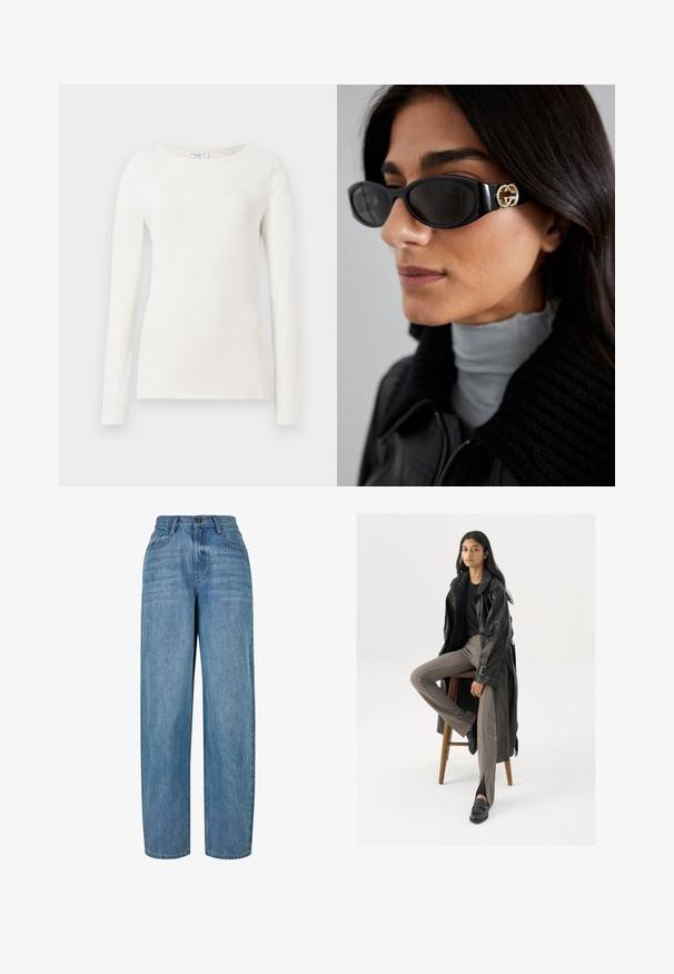 Double-breasted blazer in brown and black checked pattern, featuring notched lapels, side pockets, and a slightly textured fabric.; Long-sleeve white cotton shirt with a round neckline, smooth texture, and fitted silhouette. No visible patterns or accents.; Light blue denim jeans with a straight leg design, featuring a button closure, five pockets, and subtle fading throughout the fabric.; Black leather trench coat with buttons and belt detail, paired with light brown fitted pants and black loafers, seated on a wooden stool.; Black sunglasses featuring a sleek rectangular frame with a gold logo accent on the side. Dark lenses and glossy finish are prominent.