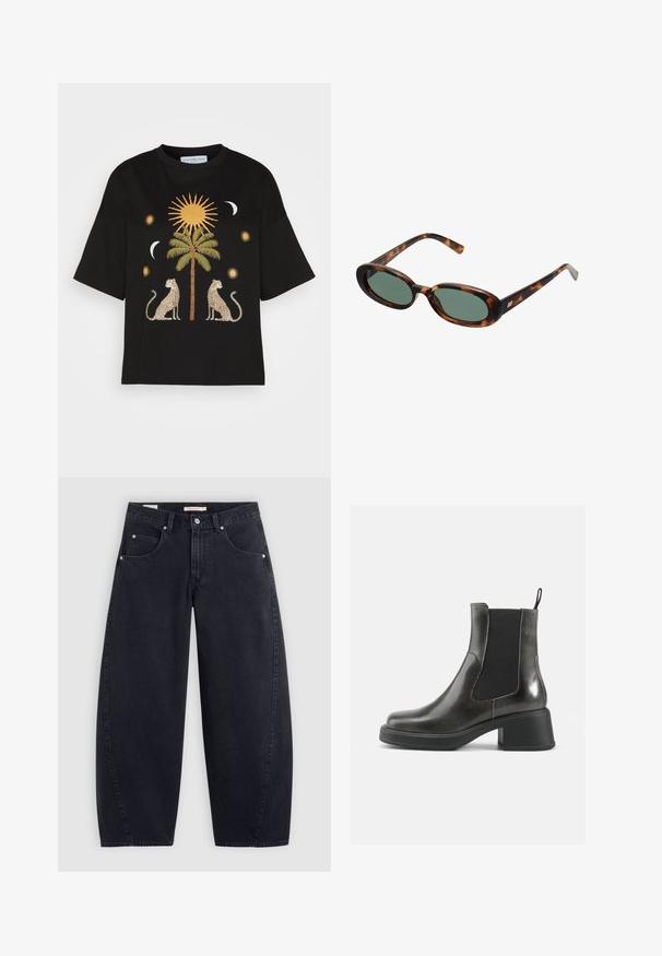 Double-breasted blazer in brown and black checked pattern, featuring notched lapels, side pockets, and a slightly textured fabric.; Black cotton t-shirt featuring a central palm tree design, flanked by two leopards, sun, and moon graphics in gold and cream tones.; Black denim wide-leg jeans with a high waist, two front pockets, and silver hardware. Smooth texture, minimal stitching details, and straight cut.; Black leather ankle boots with a smooth finish, elastic side panels, and a chunky heel. Features a pull tab for easier wear.; Tortoiseshell sunglasses with oval frames and green lenses. Features thin arms with a metallic accent near the hinges.; Silver metal earrings with a wavy, sculptural design featuring a polished finish and irregular shapes, highlighting a contemporary aesthetic.