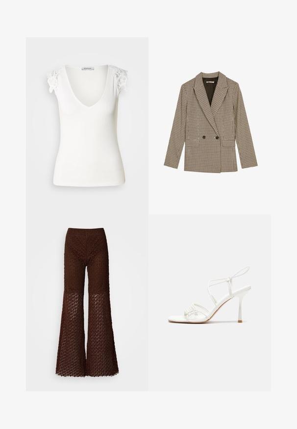Doppelt komfortabler Blazer im braun-schwarz karierten Muster mit geknöpften Revers, Seitentaschen und einem leicht strukturierten Stoff.; Weißes, geripptes Tanktop mit V-Ausschnitt und floralem Spitzendekor an den Schultern. Glatte Textur, taillierte Passform. Markenlabel innen sichtbar.; Braune gehäkelte Schlaghosen mit einem Spitzenmuster, ausgestattet mit einer strukturierten Oberfläche und weiten Beinöffnungen, die für eine lockere Passform entworfen sind.; Weiße, geschnallte High-Heel-Sandalen mit flacher Zehenbasis, strukturiertem Vorderteil mit gerafften Akzenten und schlankem Knöchelriemen.