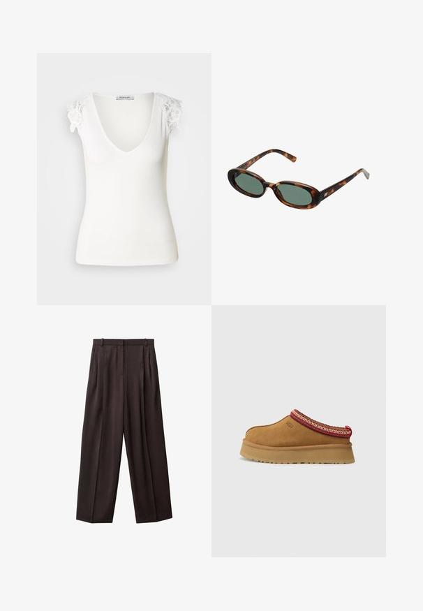 Double-breasted blejzer v hnedo-čiernom kockovanom vzore, s klopovým golierom, bočnými vreckami a mierne textúrovanou látkou.; Biele ribbované tílko s V-výstrihom a kvetinovými čipkovými detailmi na ramenách. Hladká textúra, priliehavý strih. Značka je viditeľná vo vnútri.; Široké nohavice z tmavohnedého materiálu. Medzi vlastnosti patrí záhyby na prednej strane, pás s pútkami na opasok a bočné vrecká. Hladká textúra.; Hnedá semišová obuv na slip-on s červeným a krémovým vzorovaným lemovaním, textúrovanou podrážkou a logom UGG na boku. Obsahuje mierne zvýšenú platformu.; Slnečné okuliare v štýle korytnačiny s oválnymi rámami a zelenými sklami. Majú tenké nožičky s kovovým akcentom pri pántoch.