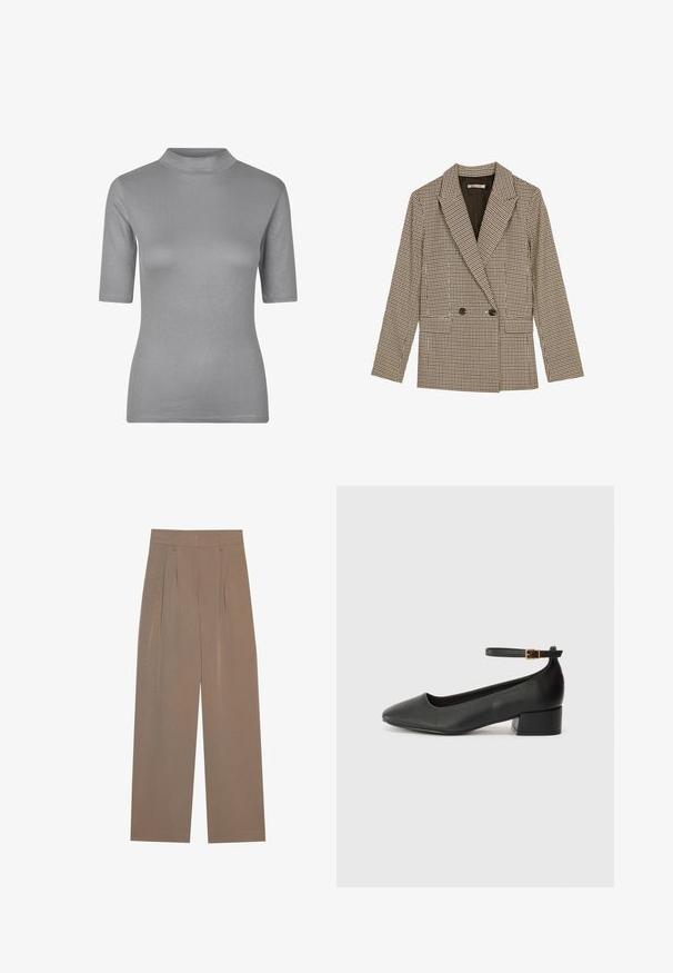 Blazer croisé en motif carreaux marron et noir, avec des revers crantés, des poches latérales et un tissu légèrement texturé.; T-shirt gris à côtes avec un col haut et des manches courtes, présentant un design ajusté et un tissu doux et texturé.; Pantalons plissés marron avec une coupe large, dotés d'une taille plate et de poches latérales, fabriqués à partir d'un tissu léger.; Escarpin en cuir noir avec un bout pointu et un petit talon bloc. Doté d'une bride de cheville avec une boucle dorée. Texture lisse.