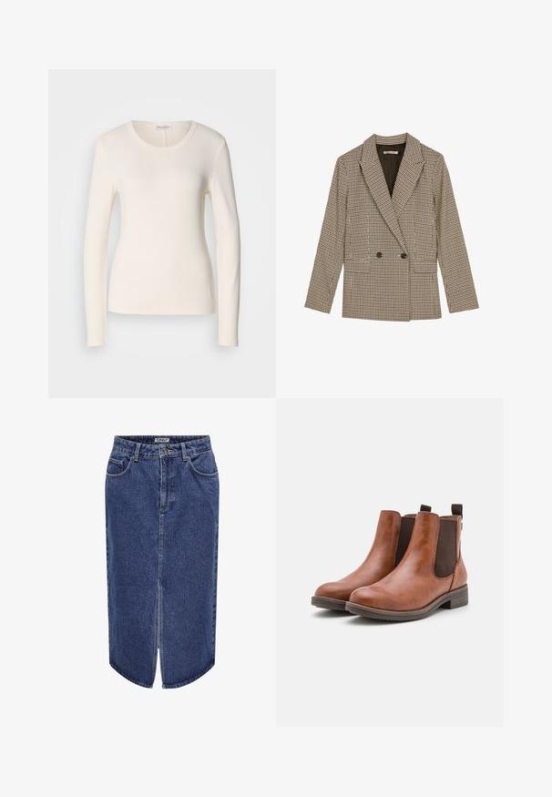 Prindi kahe nööbiga bleiser pruunide ja mustade ruuduline mustriga, millel on lõigatud krae, küljetaskud ja veidi tekstuuriga riie.; Kreemivärviline puuvillane pikad varrukad T-särk, millel on ümmargune kaelus, kehaümberpööratud disain ja väike logo detail allääres. Sile tekstuur.; Keskmise pikkusega teksaseelik, tume sinine pesu, esiosa lõhiku ja klassikalise viie taskuga disain, millel on nööbi ja lukuga sulgemine.; Pruunid nahast pahkluksaapad elastsete külgpanelidega, ümarate varvastega ja madala puidust kontsaga. Omavad silmusdetaili, mis teeb jalga panemise lihtsaks.