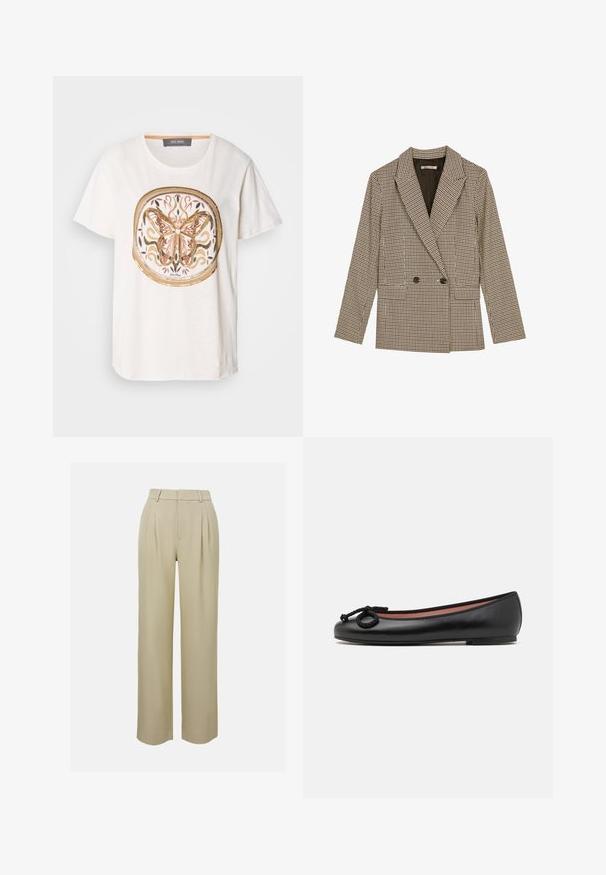 Double-breasted blejzer v hnedo-čiernom kockovanom vzore, s klopovým golierom, bočnými vreckami a mierne textúrovanou látkou.; Biely bavlnený tričko s detailným grafickým motívom motýľa v ružovej a zlatej farbe, zdobené vírivými vzormi a okrúhlym okrajom. Krátke rukávy a okrúhly výstrih.; Bežové nohavice s širokým strihom vyrobené z hladkej tkaniny, s prednými záhybmi, prispôsobeným pásom a bočnými vreckami. Čistý lem.; Čierne kožené balerínky s okrúhlou špičkou, majú dekoratívnu mašľu a hladký povrch. Minimalistický dizajn s nízkou, plochou podrážkou.