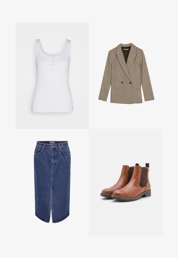 Dobbeltknappet blazer i brun og sort ternet mønster, med klapkrave, sidelommer og et let struktureret stof.; Hvid tanktop lavet af ribbet stof, med en scoop halsudskæring og tre metalliske trykknapper foran. Glat tekstur, tætsiddende pasform.; Denimnederdel med mid-length snit, mørkeblå vask, forkantsslids og klassisk fem-lomme design, med knap- og lynlås lukning.; Brune læder ankelstøvler med elastiske sidepaneler, rund tå og en lav træhæl. Har en løkke til nem påtagning.